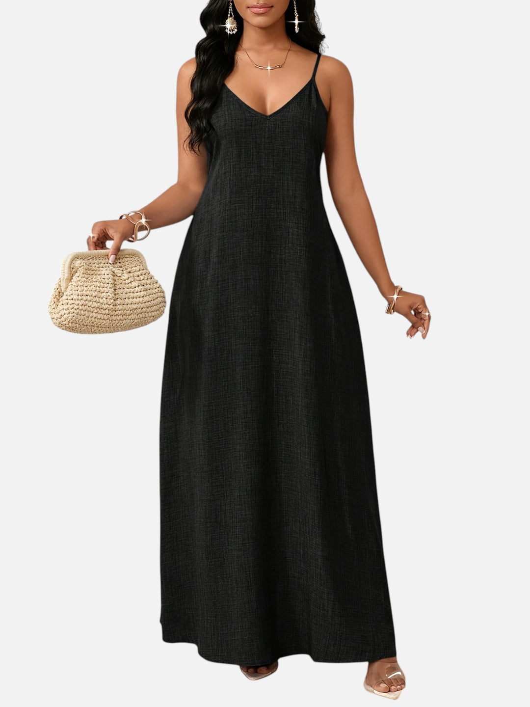 Women's A-Line Maxi Dress Cotton Blend V-Neck Spaghetti Strap