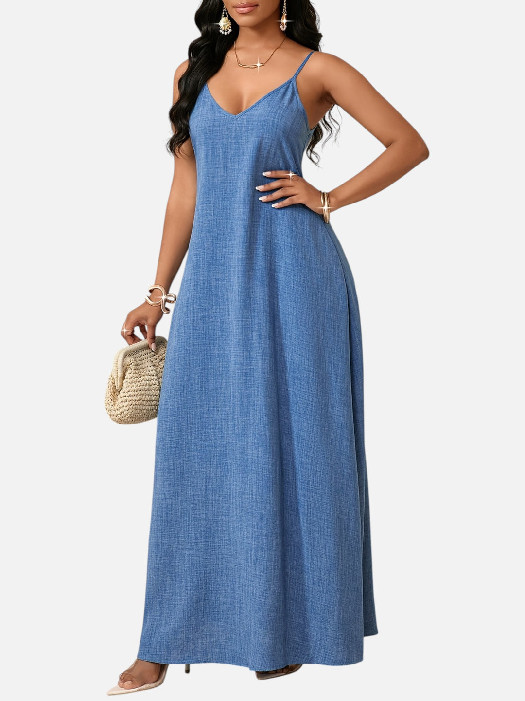 Women's A-Line Maxi Dress Cotton Blend V-Neck Spaghetti Strap