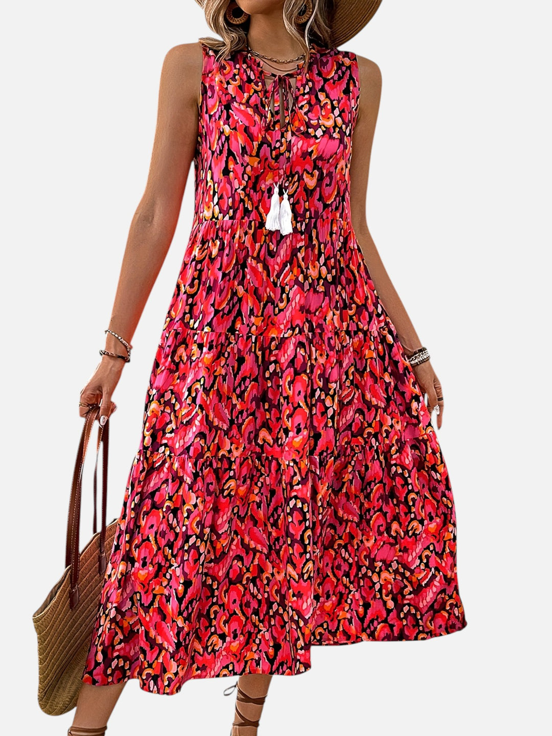 women's boho maxi dress sleeveless summer vacation outfit printed