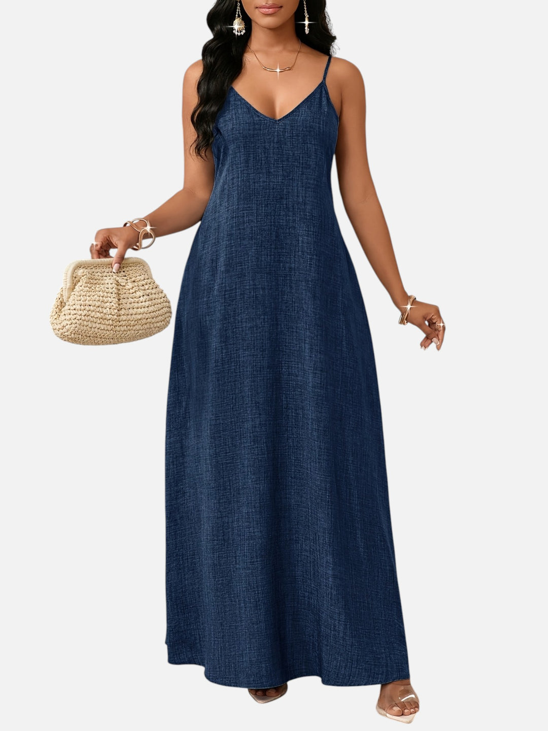 Women's A-Line Maxi Dress Cotton Blend V-Neck Spaghetti Strap