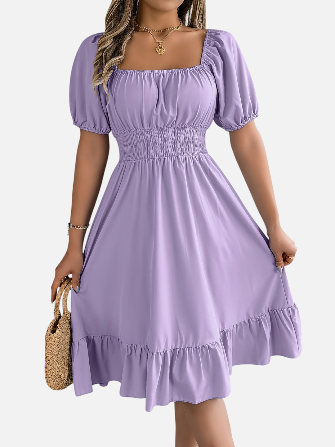 Women’s Midi Dress Square Neck A-Line Waist Belt Summer Dress