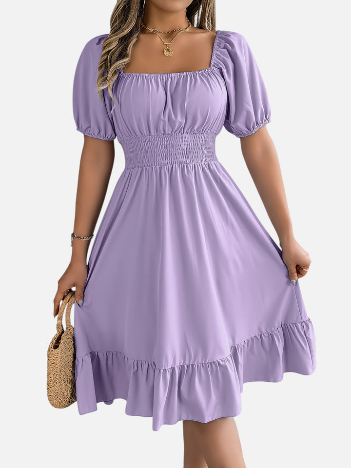 Women’s Midi Dress Square Neck A-Line Waist Belt Summer Dress