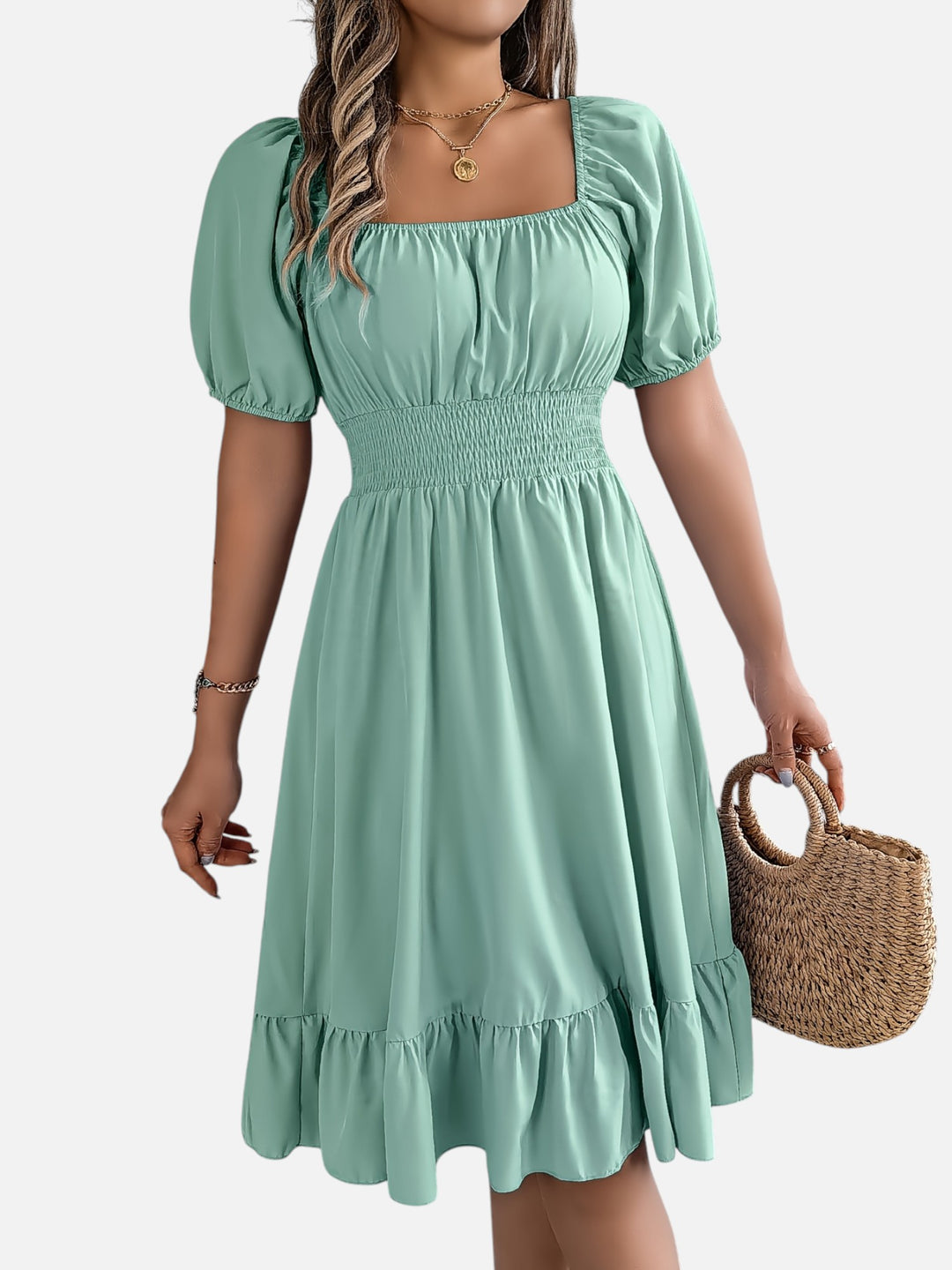 Women’s Midi Dress Square Neck A-Line Waist Belt Summer Dress