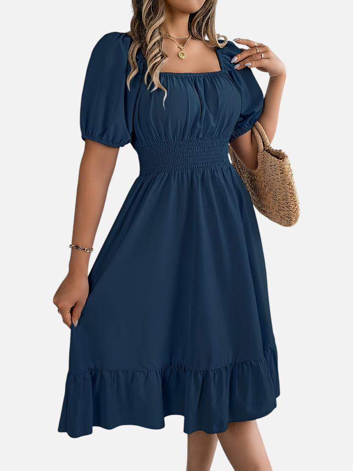 Women’s Midi Dress Square Neck A-Line Waist Belt Summer Dress