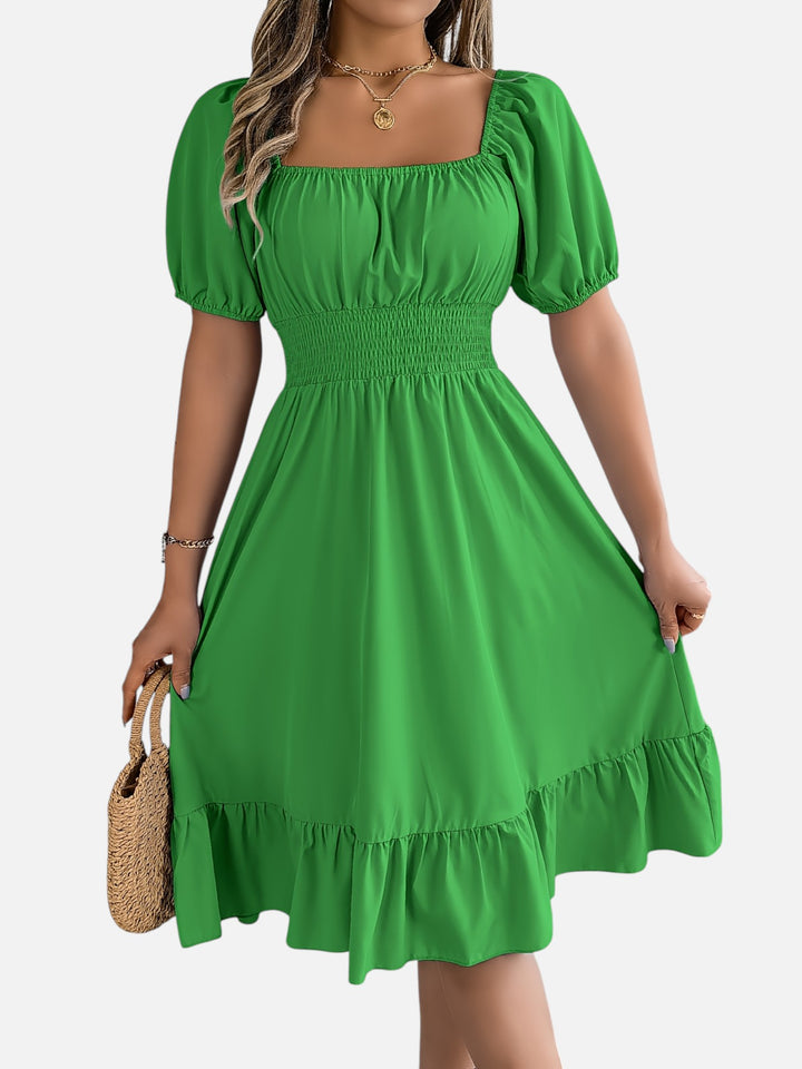 Women’s Midi Dress Square Neck A-Line Waist Belt Summer Dress