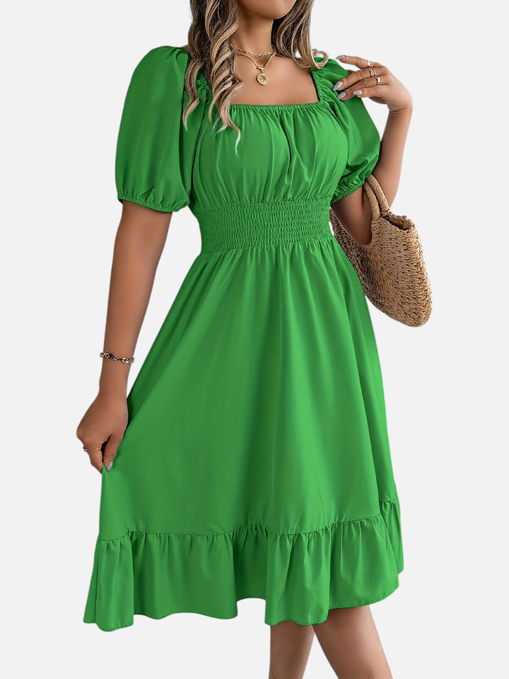 Women’s Midi Dress Square Neck A-Line Waist Belt Summer Dress
