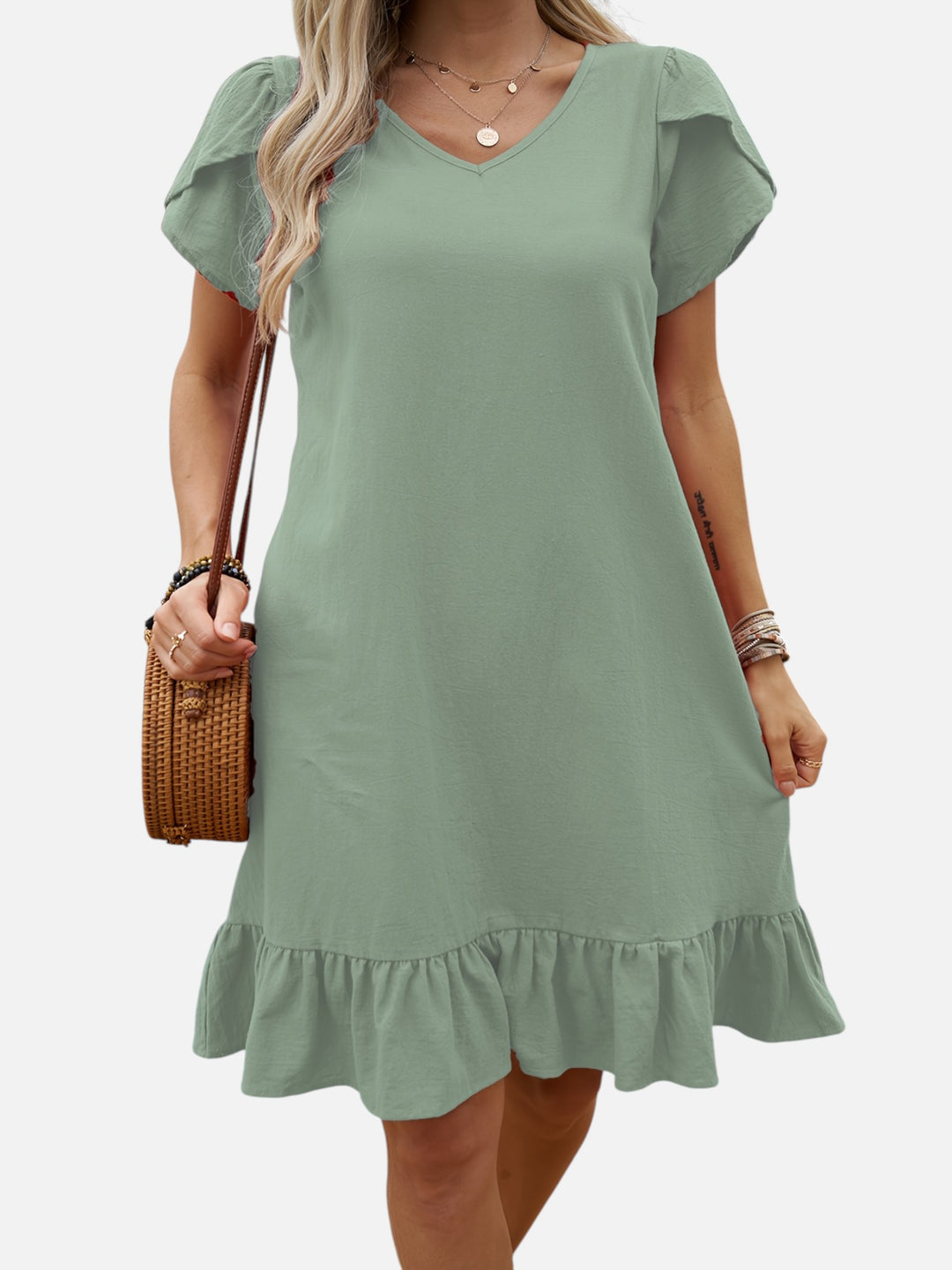 Women's Lightweight V-Neck Ruffle Dress Casual Chic Outfit