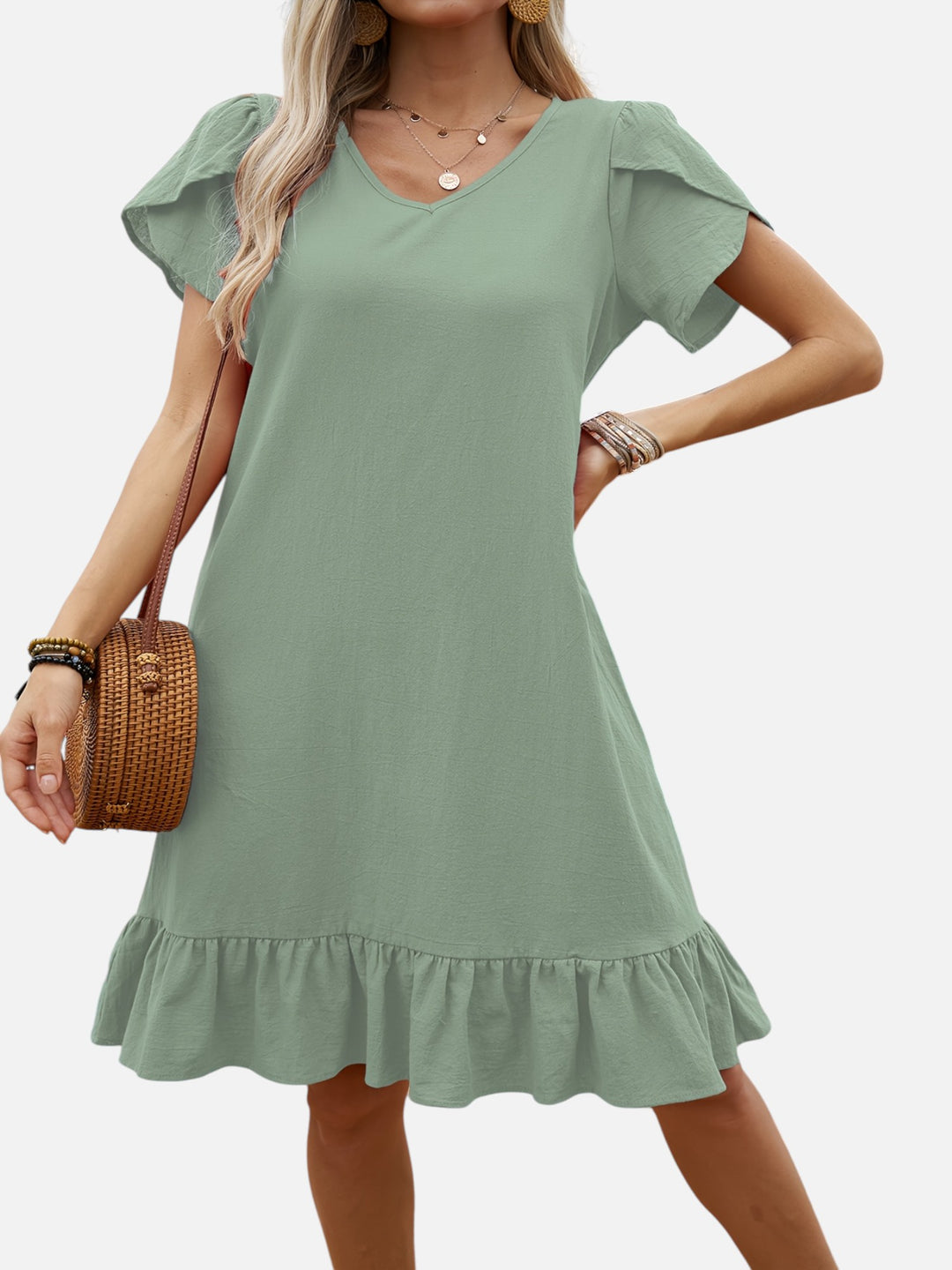 Women's Lightweight V-Neck Ruffle Dress Casual Chic Outfit