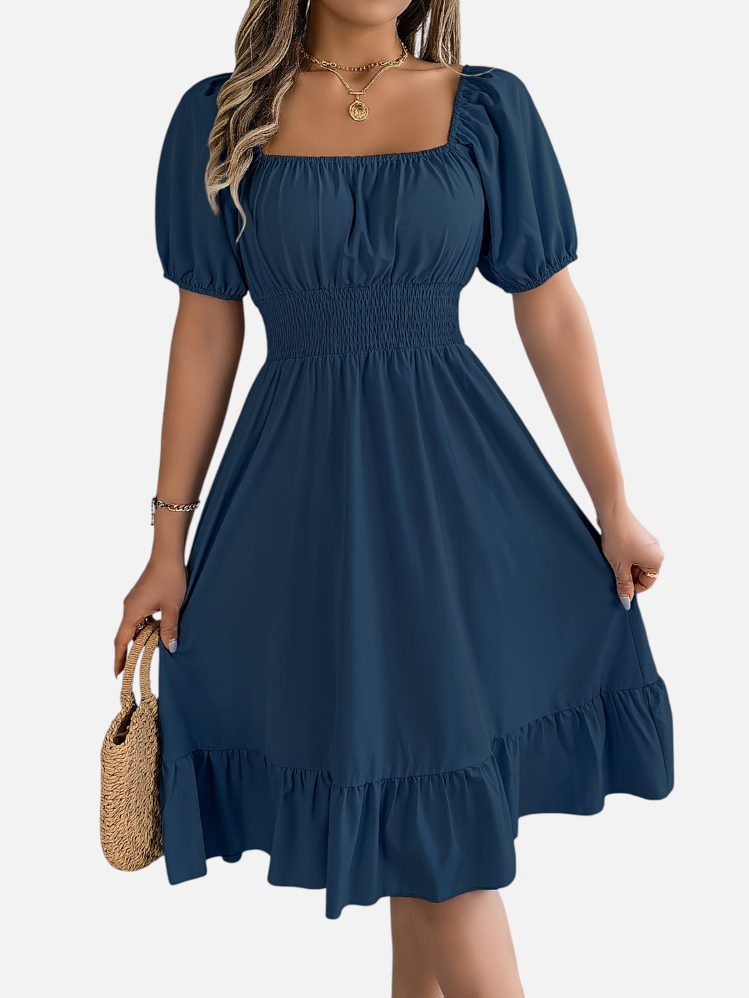 Women’s Midi Dress Square Neck A-Line Waist Belt Summer Dress