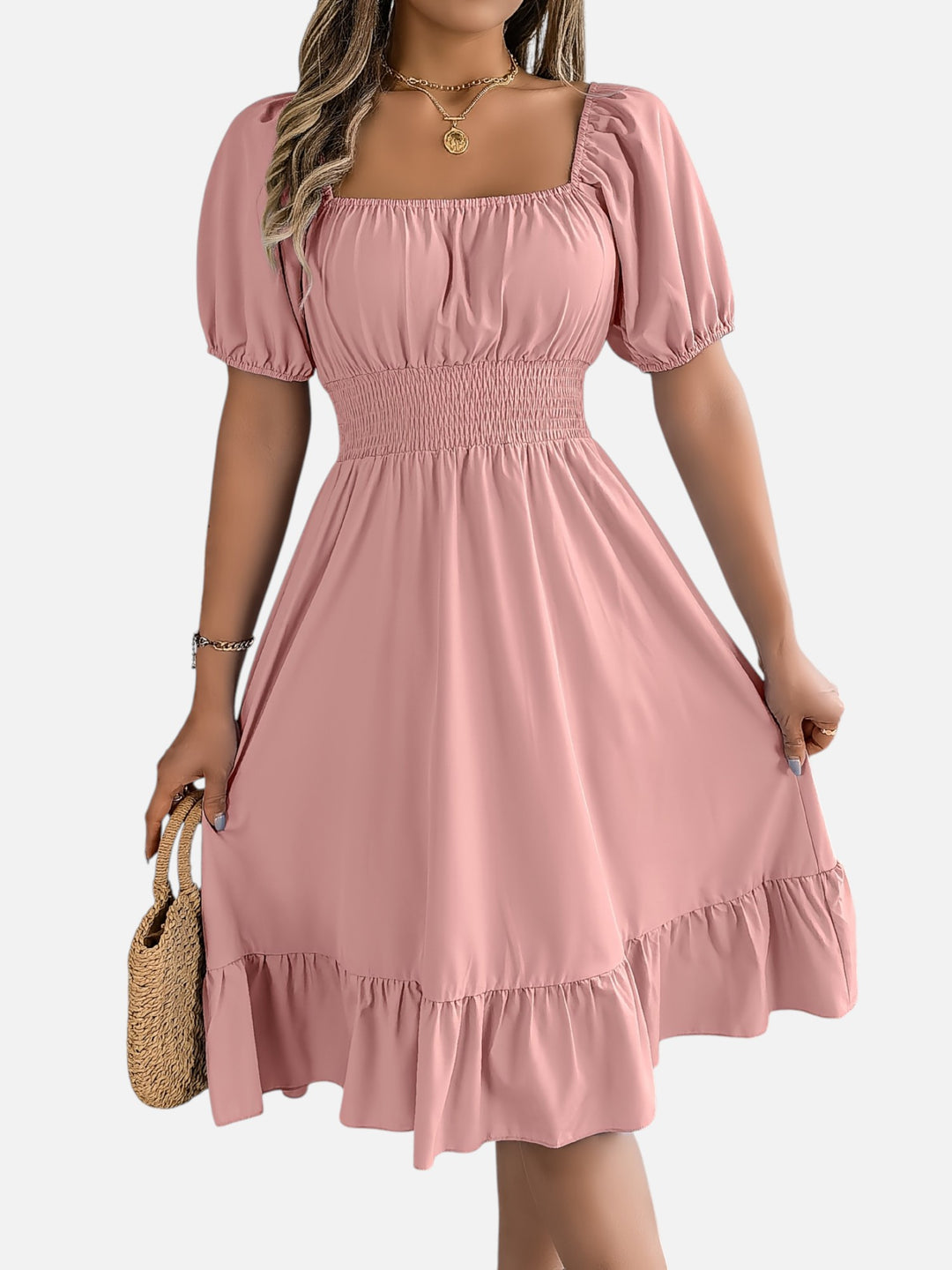 Women’s Midi Dress Square Neck A-Line Waist Belt Summer Dress